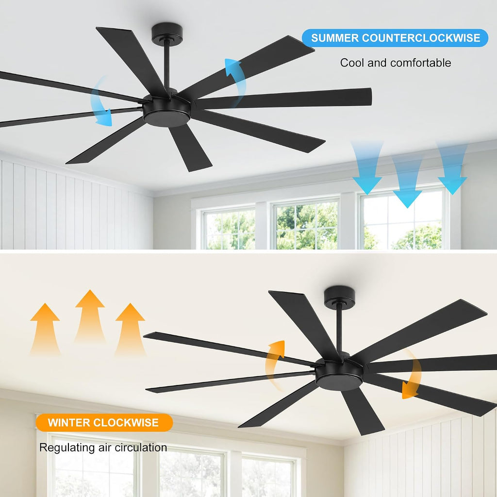 Inspired Maverick Style 60" Black Ceiling Fan without Light, Modern Large Ceiling Fan with Remote Control, 6-Speed