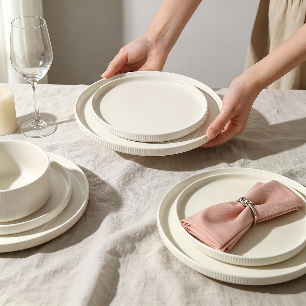 Stoneware Dinnerware Sets for 4, 12Pcs Plates and Bowls Set, Cream White