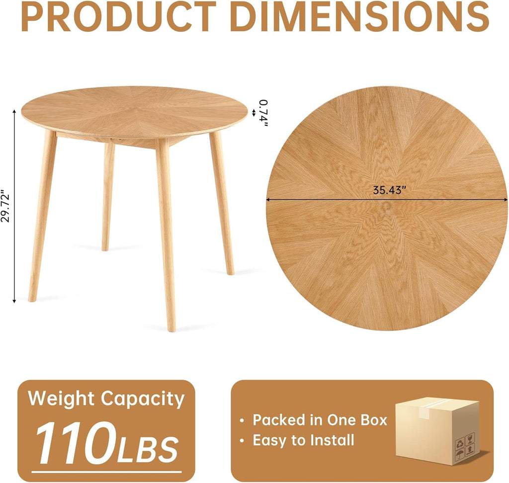 Round Dining Table for 2-4, Mid Century Modern 35 Inch Round Kitchen Table, Space Saving Small Dining Table with Oak