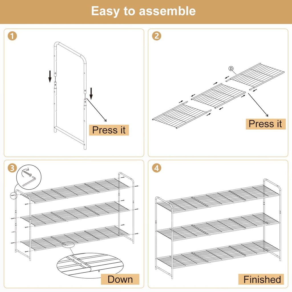 3-Tier Long Shoe Rack for Closet Metal Shoe Organizer, Wide Stackable Shoe Storage Shelf with Sturdy Wire Grid for