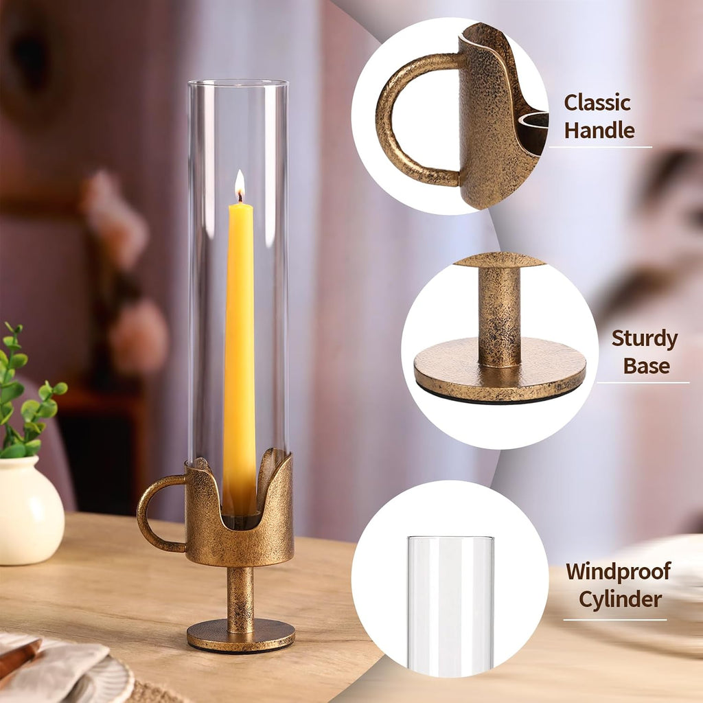 Vintage Cast Iron Hurricane Glass Candle Holder for Taper Candles Set of 2 | Handcrafted Handle Brass Candlestick