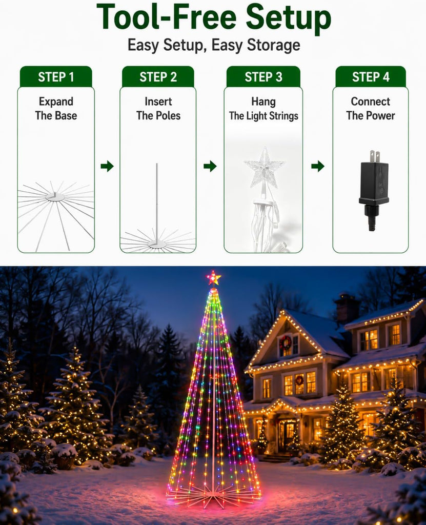 8FT Outdoor Christmas Tree with Lights, Smart RGBW LED Lighted Xmas Tree
