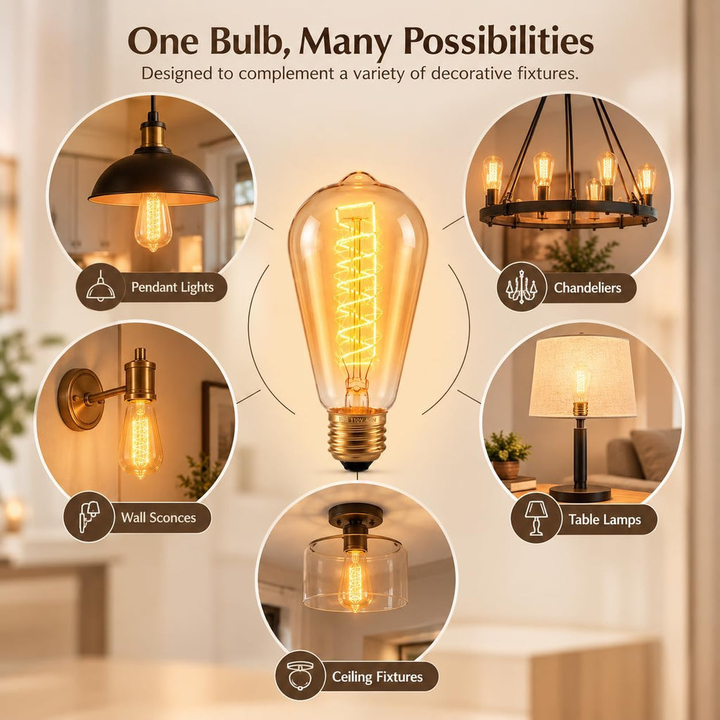 ST64 Vintage Filament Light Bulbs 40W 2700K, Pack of 6
