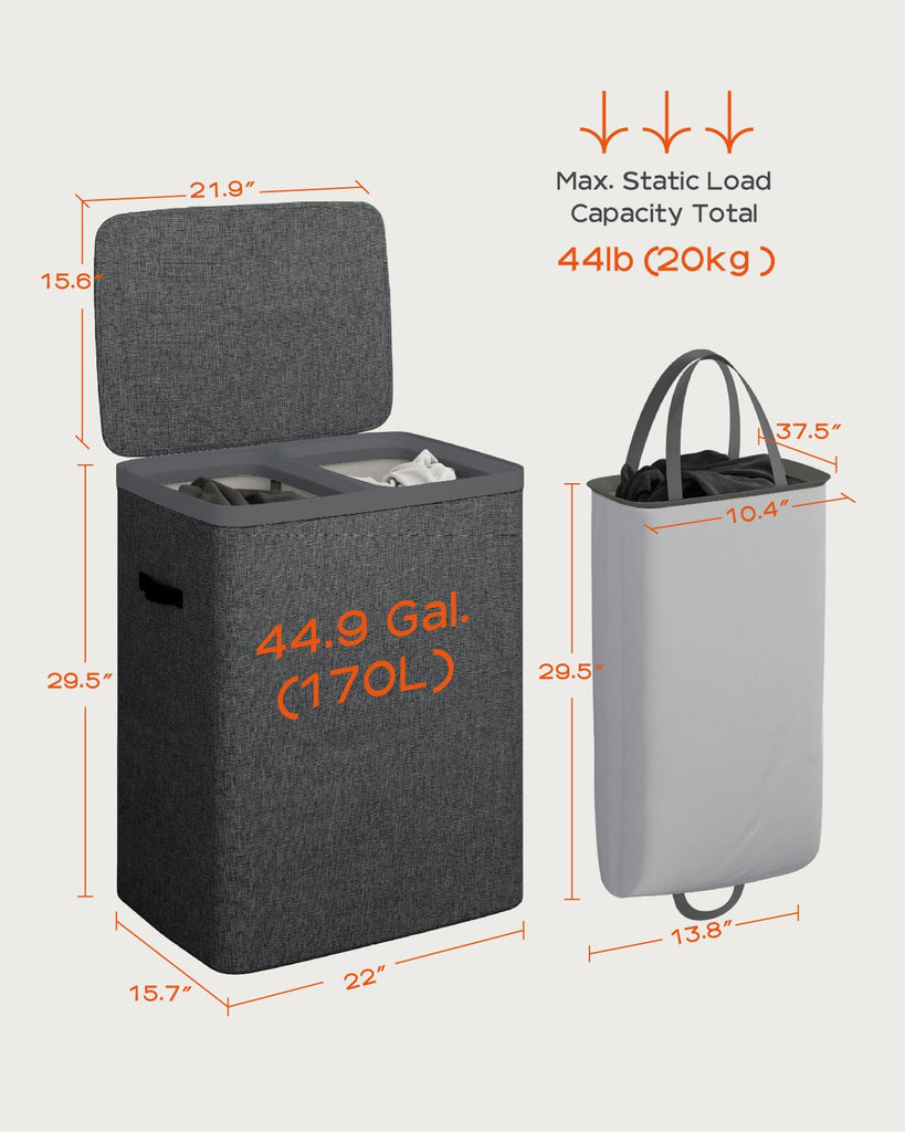 Laundry Basket with Lid, Laundry Hamper 2 Section, 170L collapsible Laundry Organizer, Easy Assembly, with Handles