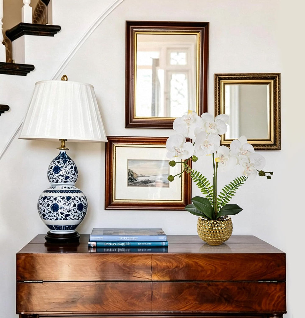 White Orchids Artificial Flowers in Gold Ceramic Pot, 15.7in