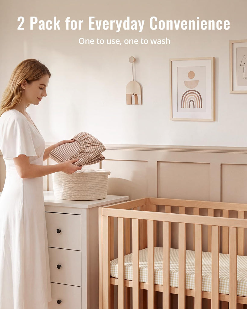 Muslin Mini Crib Sheets, 2 Pack, Beige Gingham&Brown Gingham