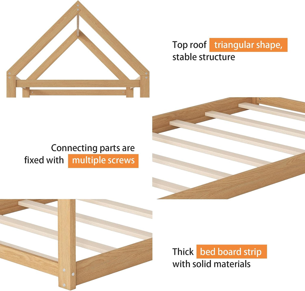 House Bed Frame with LED Lights, Solid Wood Montessori Floor Bed, Low Platform Kids Play House Bed for Boys