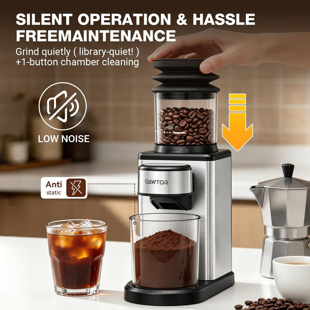 Electric Coffee Grinder, Conical Burr Coffee Grinder with 25 Settings & 60-Second Timer, Stainless Steel