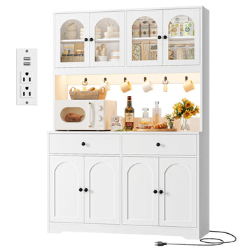 71" LED Kitchen Pantry Cabinet with Power Outlet, Tall Hutch, White