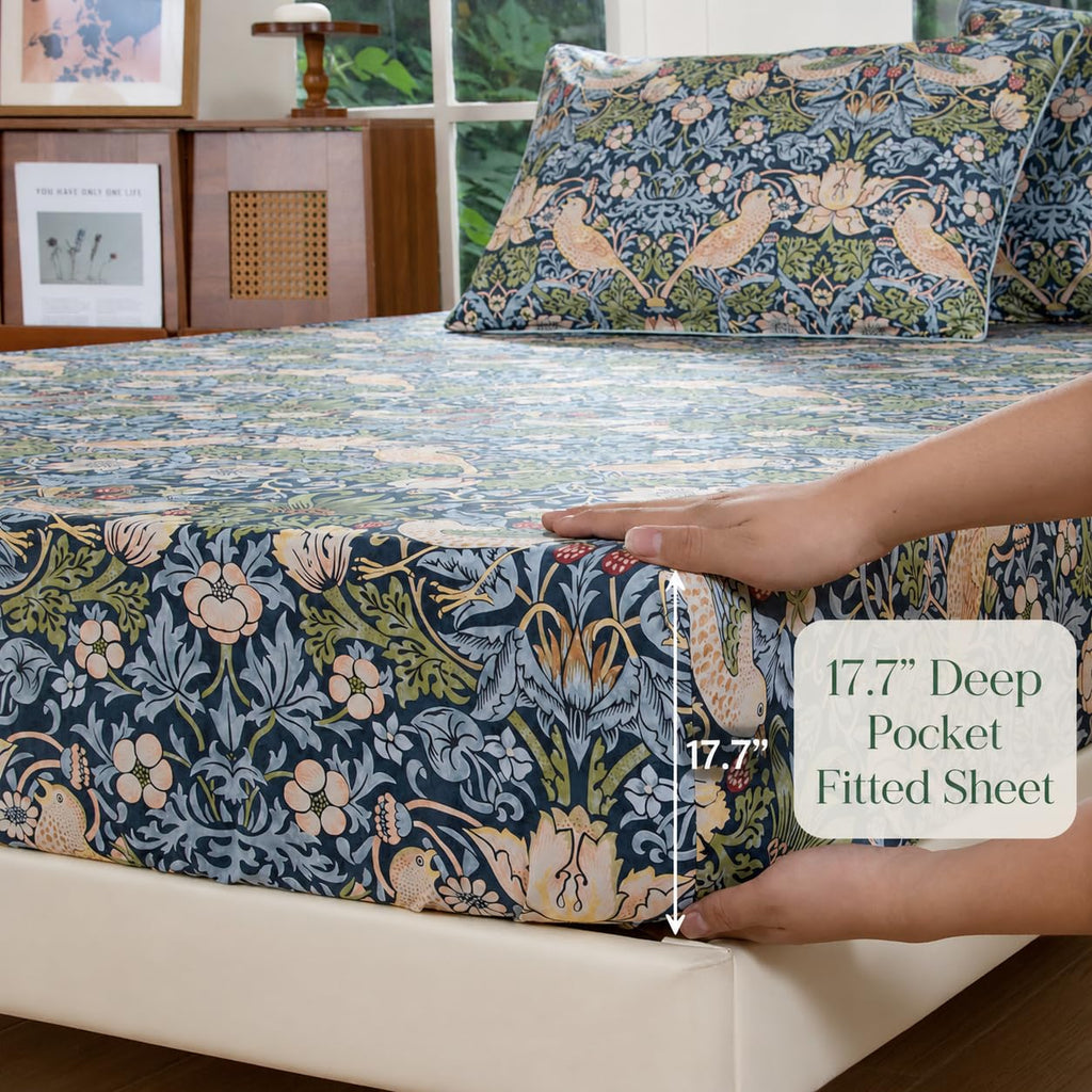 King 100% Egyptian Cotton Sheets Set 4 Piece, Vintage Botanical Floral Bird Print, Luxury Soft Breathable Cooling