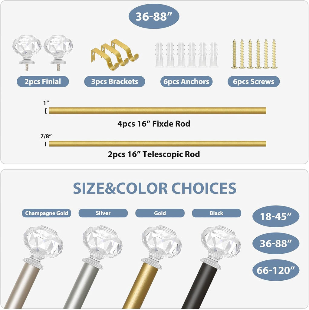 Gold Decorative Crystal Curtain Rods:36-88 Inch Heavy Duty Adjustable Window Curtain Rods for Bedroom Living Room