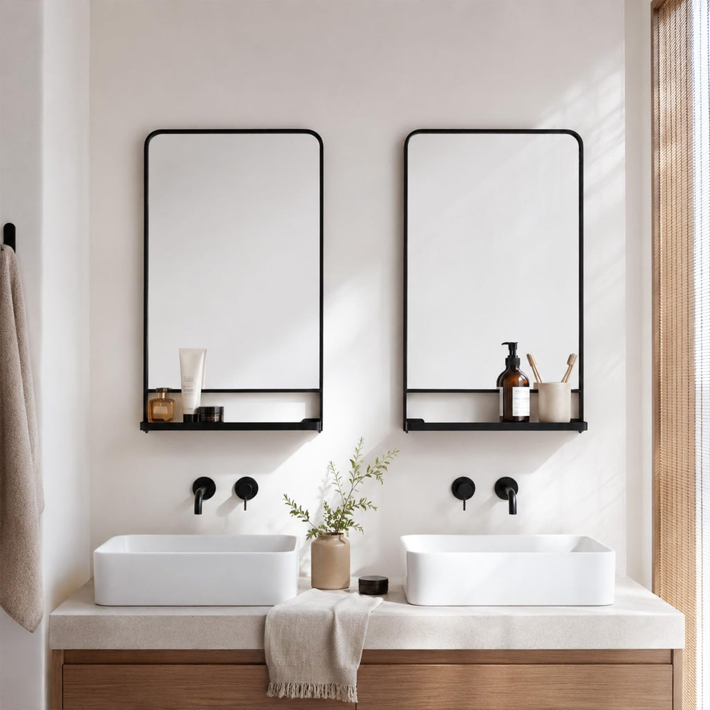 28x18 Inch Bathroom Mirror with Shelf, Black Metal Frame, 2 in 1