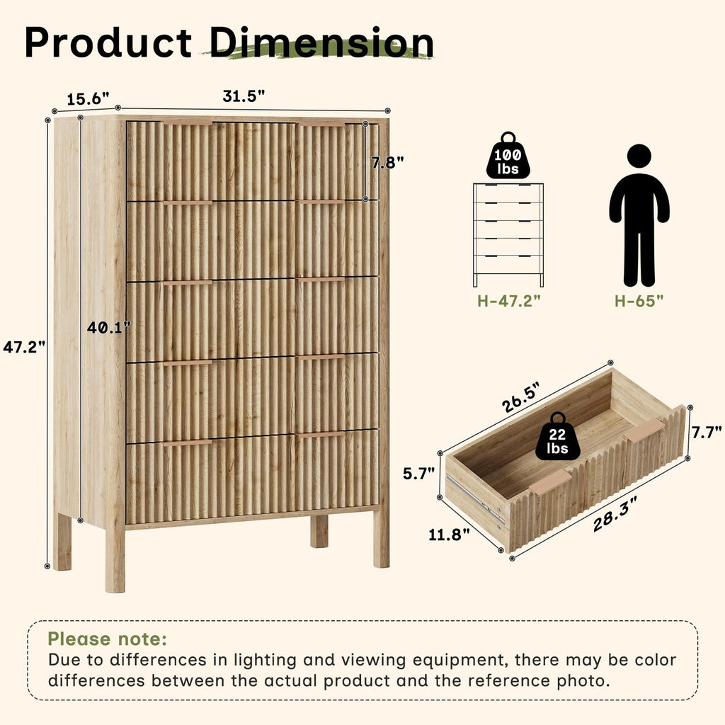 47" Tall Dressers Fluted 5 Drawer Dresser, Wooden Dresser Modern Chest of Drawers Dressers with Organizer Storage
