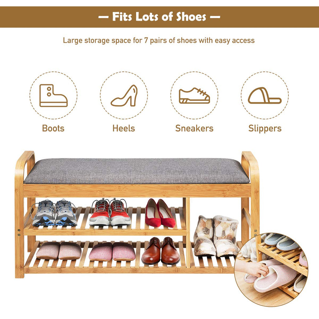 Bamboo Entryway Shoe Bench, 3 Tier Sturdy Shoe Rack with Flip Top Storage Space and Padded Cushion, Compact Shoes