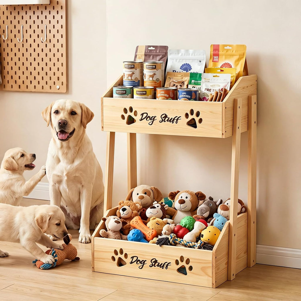 2 Tier Large Dog Toy Storage Bin Wood Toy Basket Box with Handle