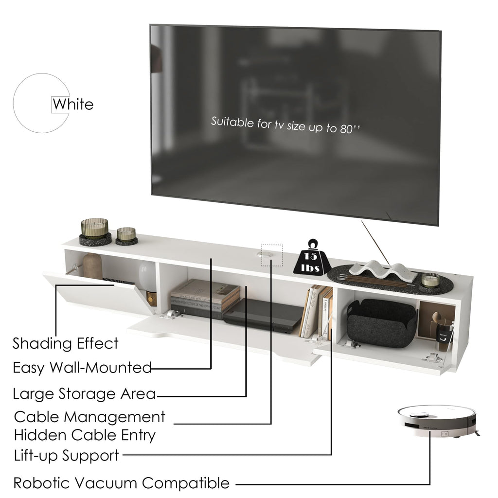 Floating TV Stand for Up to 80 Inch TVs - Wall Mounted Media Console with Handle-Free Doors - Modern Entertainment