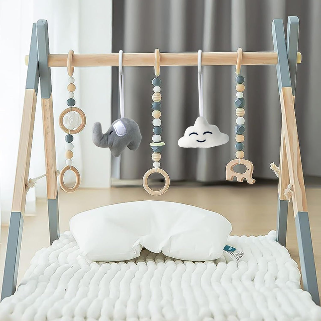 Wooden Baby Play Gym Foldable Gym Frame Activity Gym with 5 Hanging Toys