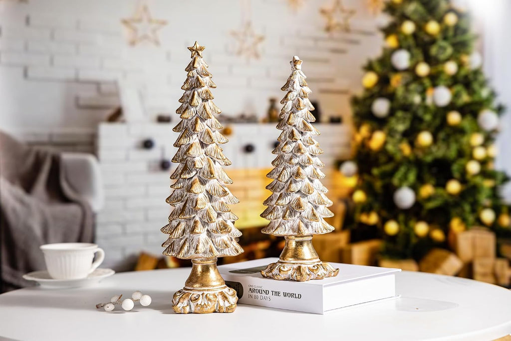 Gold Christmas Tree Figurines, Set of 2