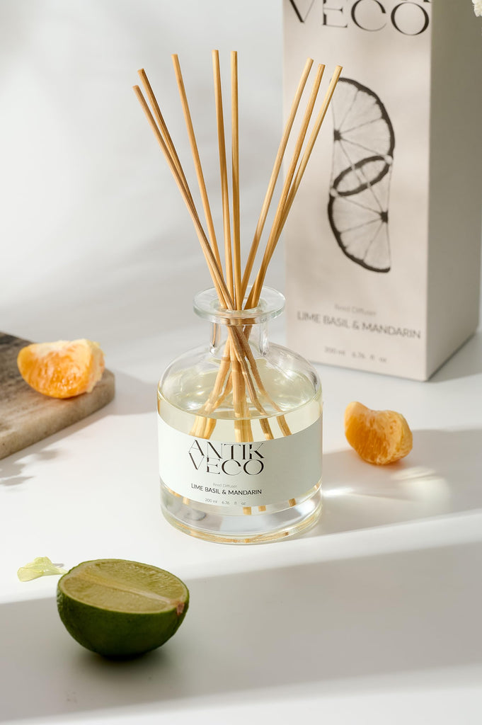 Lime Basil & Mandarin Reed Diffuser - Citrus & Herbal Diffuser 6.7 fl oz - 8 Rattan Sticks - Premium Aromatherapy Oil