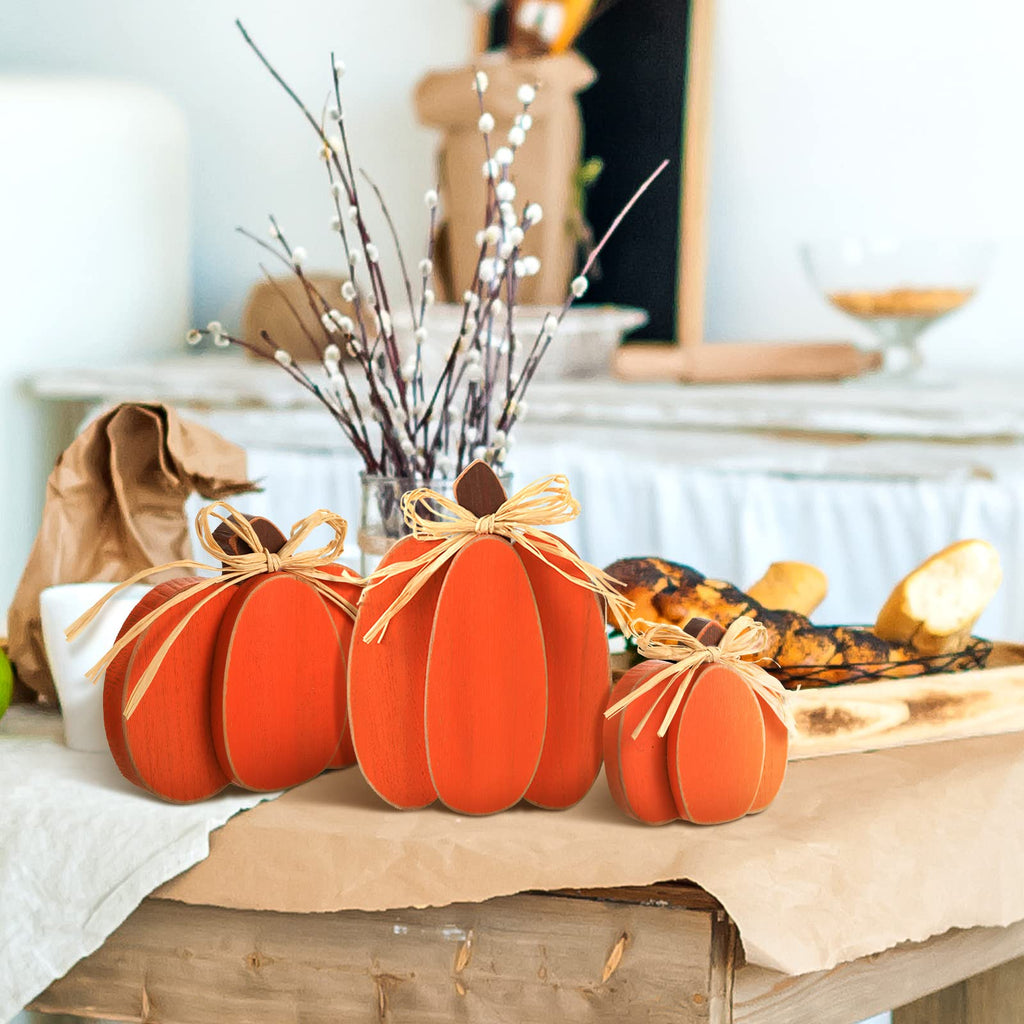3 Pcs Fall Pumpkin Decor, 3D Wooden Pumpkin Tabletop Decor