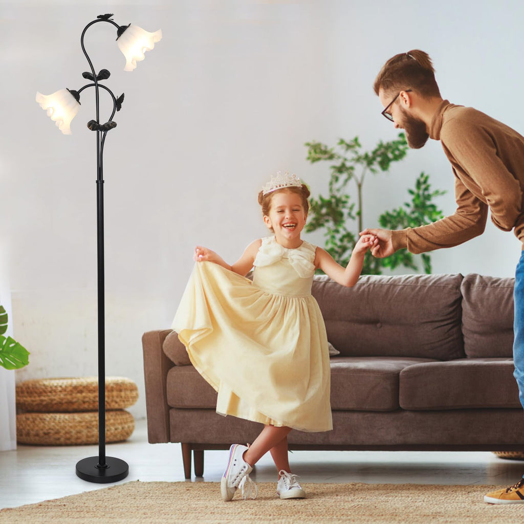 Black Floor Lamp, Flower Standing Lamp with 2 LED 5W Blubs, Foot Switch, Floral Tall Lamp with Acrylic Shade
