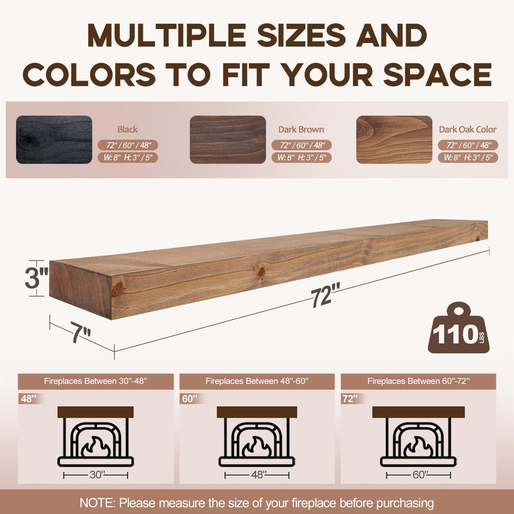 Solid Fireplace Mantel 72 Inch, Rustic Wooden Mantel Shelf for Wall, Dark Oak