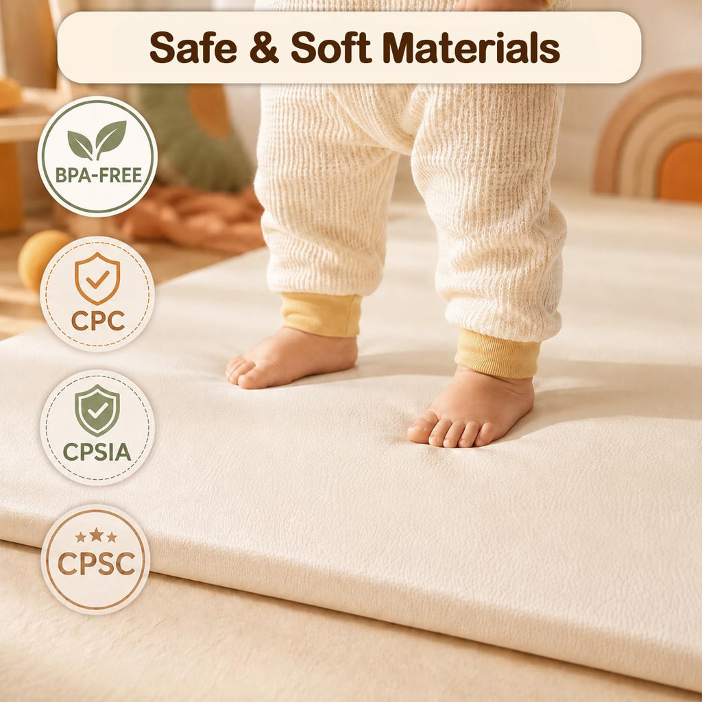 Vegan Leather Baby Play Mat, 79x59 Thick Cushioned Waterproof Playpen Mat, Stylish Removable Cover Floor Mat