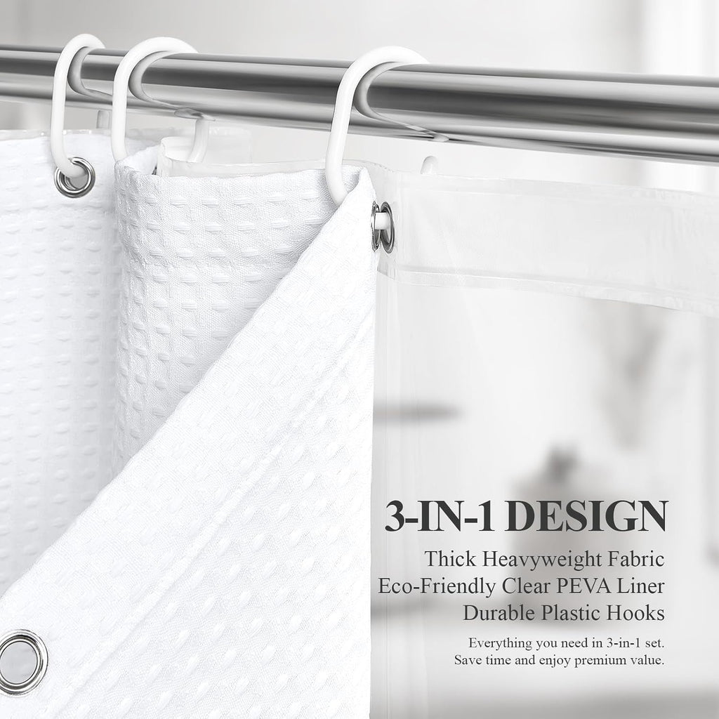 3 in 1 Waffle Shower Curtain Set with PEVA Liner 72Wx72H White | 256GSM Heavy Duty Fabric, Waterproof Clear Liner