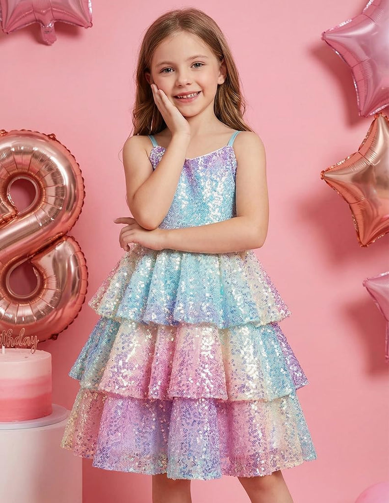 Girls Sequin Formal Dresses Kids Party Special Occasion Fancy Dress Tie Back 3 Layer Prom Graduation Outfits
