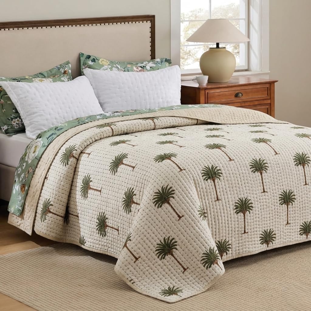 Hand Block Printed Palm Tree Baby Quilt 40x60 Inches, Reversible Cotton Kantha Throw, Tropical Green Tree Soft