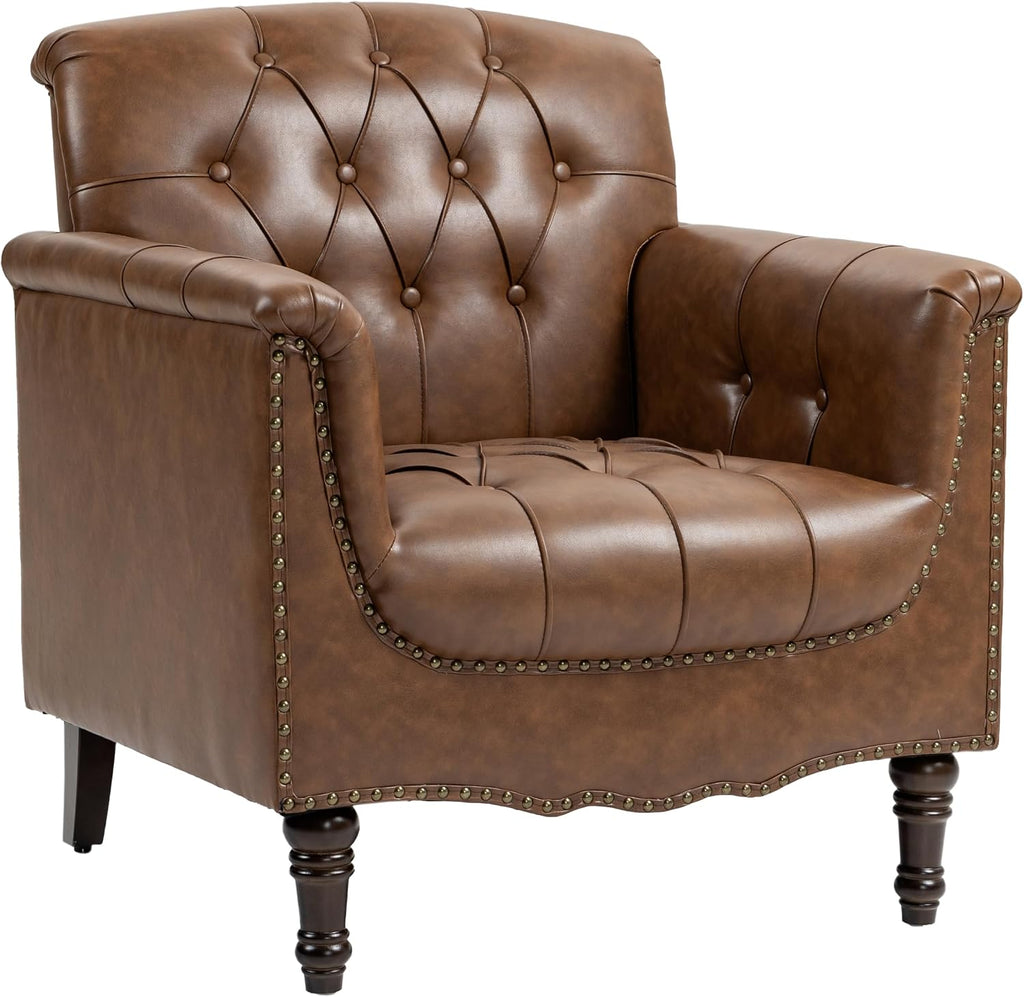 Faux Leather Accent Chair, Button Tufted Upholstered Armchair, Brown
