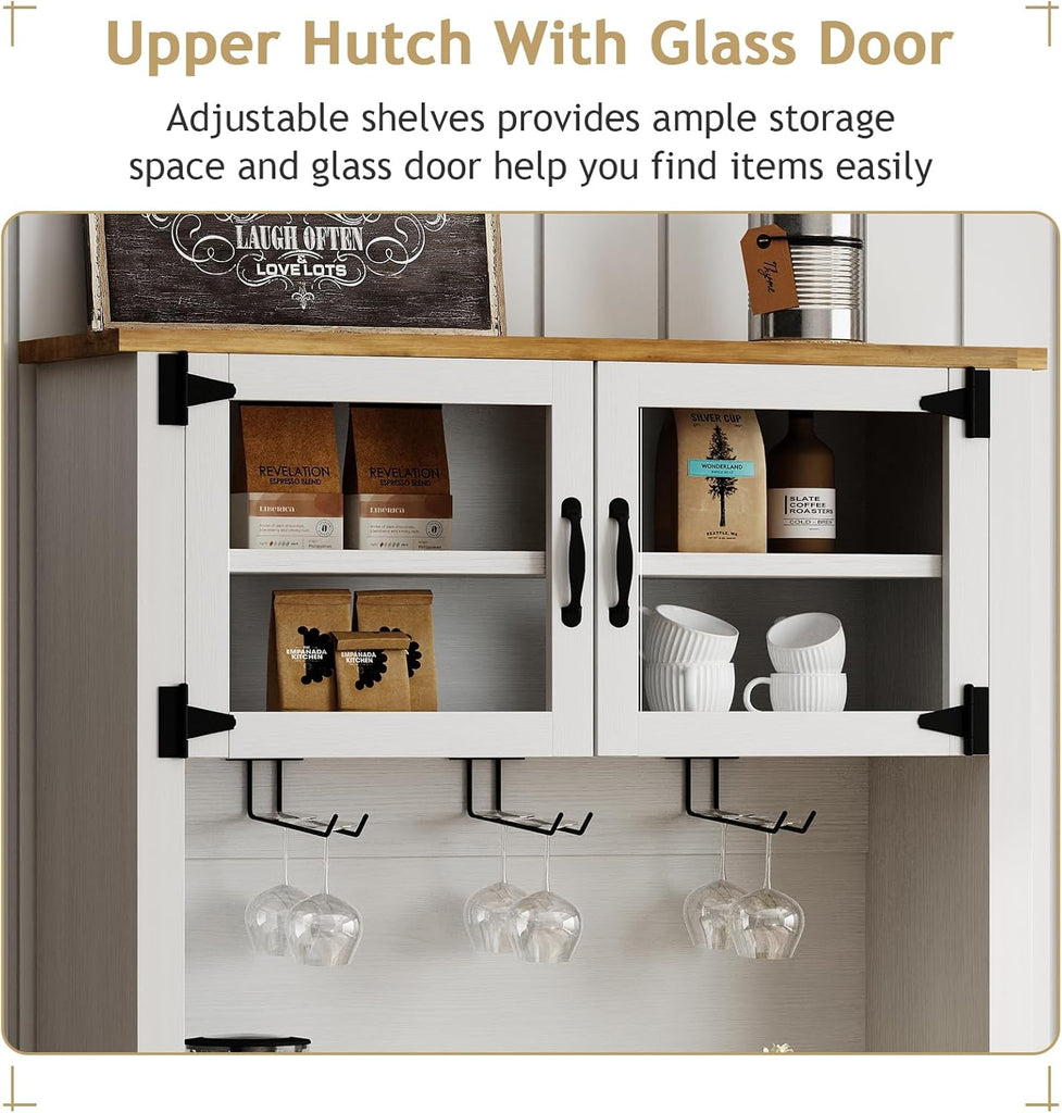 72" Farmhouse Coffee Bar Cabinet with Sliding Barn Door, White | Coffee Bar with Wine Rack, Ample Storage, Hooks and
