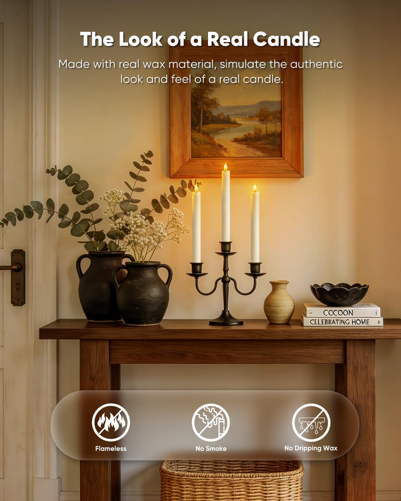 6 Pcs Wax Flameless Taper Candles with Remote Timer and Dimmer, White Candle Sticks Battery Operated, LED Window