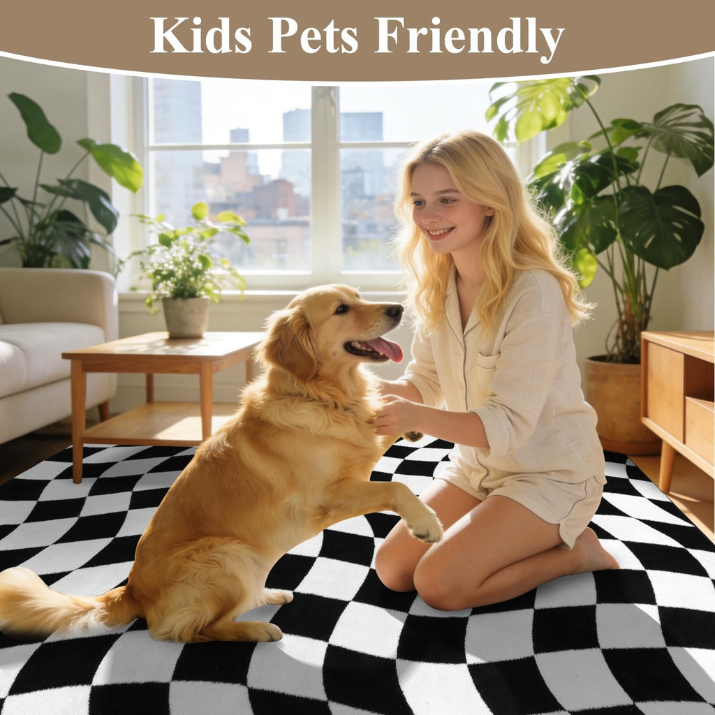 Large Checkered Area Rug, Non-Slip Soft Washable Living Room Rug with Rubber Backing, Low Pile Rug Floor Carpet