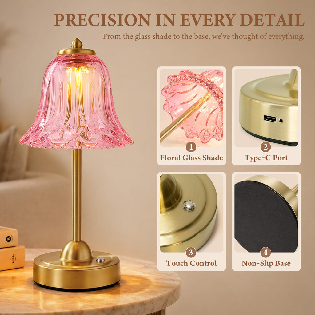 Cordless Table Lamp, Rechargeable Battery Operated Flower Touch Lamp, Pink