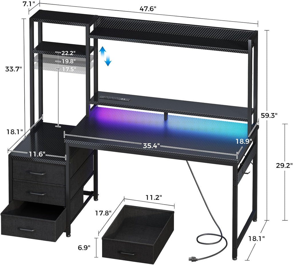 48 Inch Gaming Desk with Shelves & Hutch & 3 Drawers & LED Light | Reversible PC Desk with Tower Stand & Power