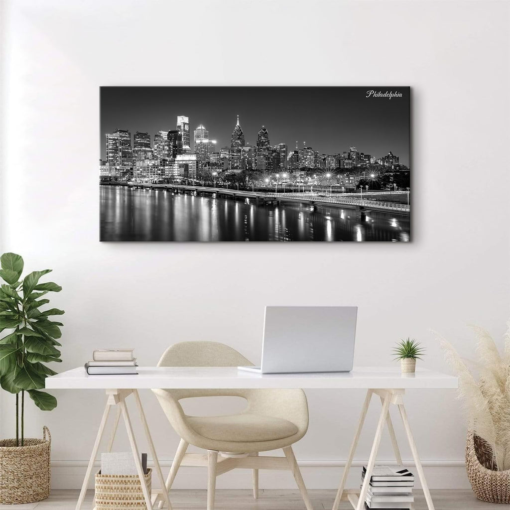 Philadelphia Skyline Canvas Wall Art Black and White Pennsylvania Cityscape Pictures Philly City Night View Prints
