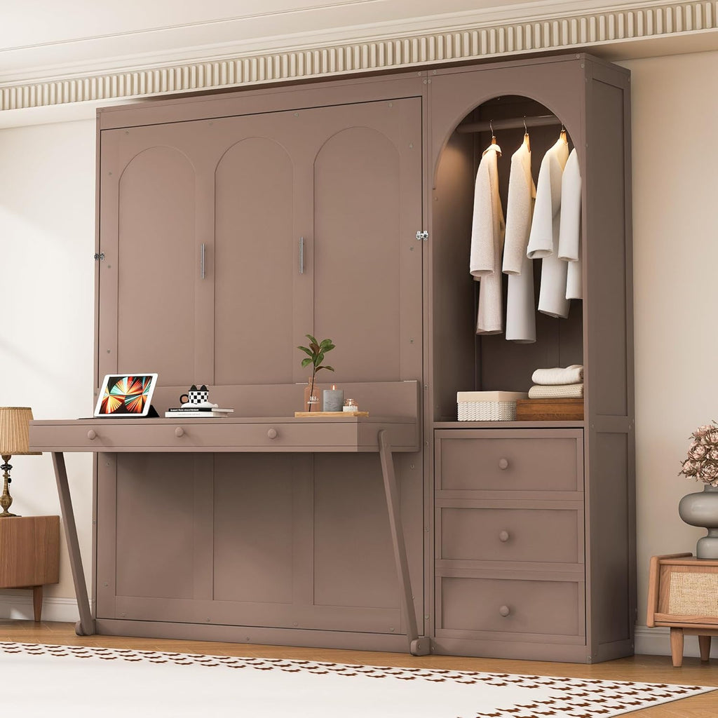 Queen Murphy Bed with Storage Shelf and 3 Drawers, Multifunctional Hidden Wall Bed with Desk and LED Light for Small