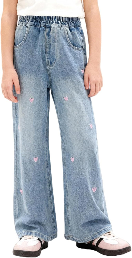 Girls Jeans Embroidery High Elastic Waist Denim Pants with Pockets Y2K Trendy Tween Streetwear