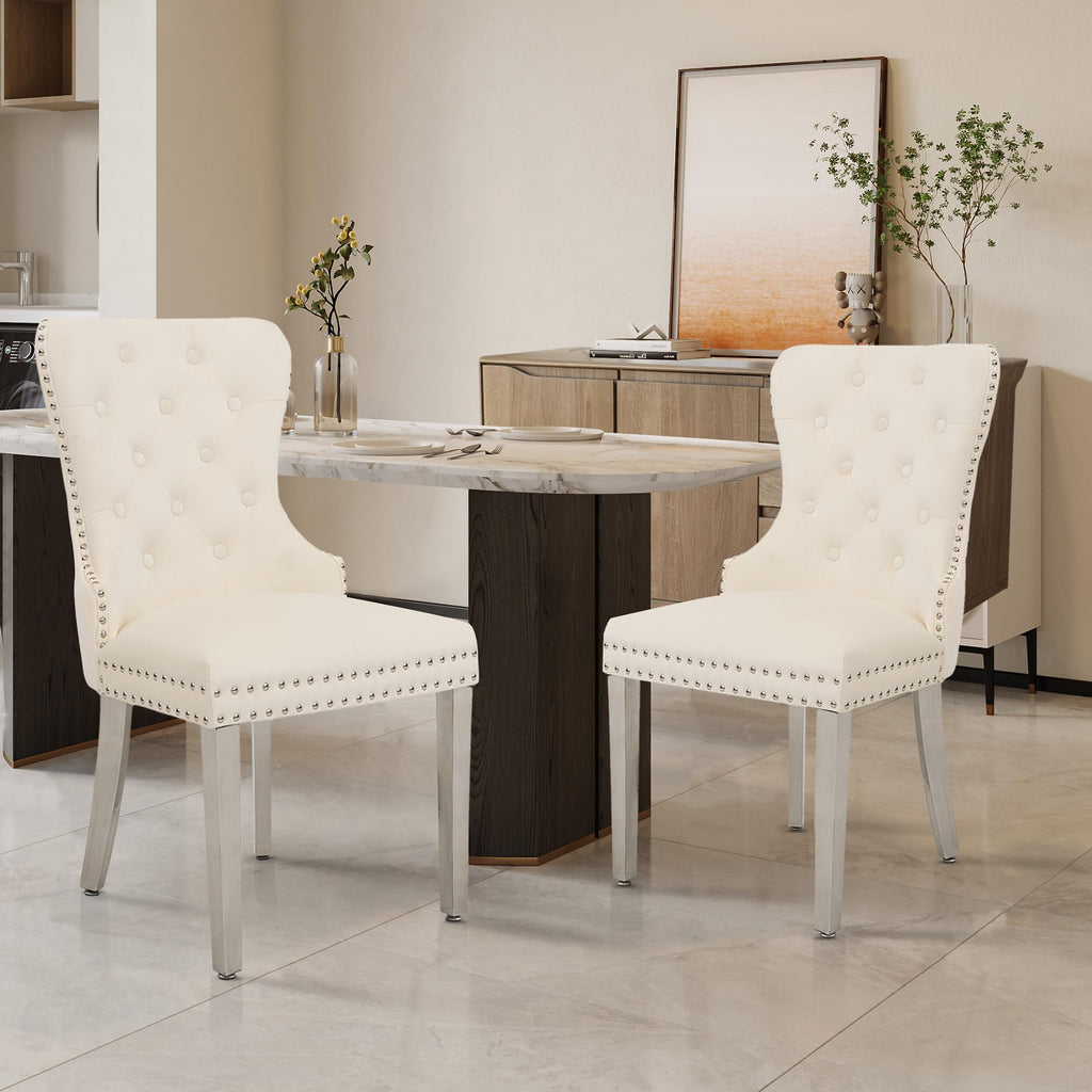 Velvet Dining Chairs Set of 6, Modern Kitchen Chairs, Beige