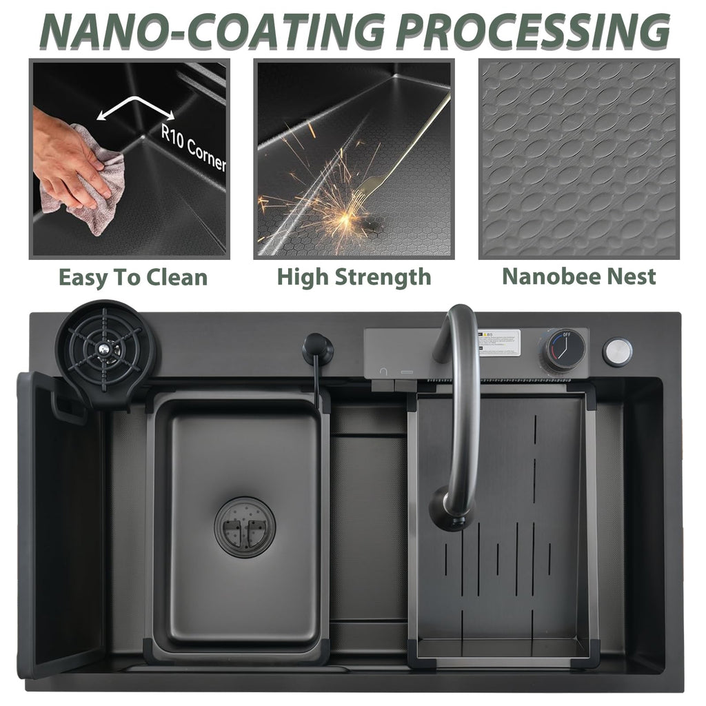 Black with bottom screen, 26 Inch Nano Stainless Steel Waterfall, Countertop Workstation Single Sink Set &