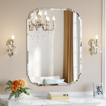 Scalloped Frameless Beveled Bathroom Mirror, 22" x 30" Beveled Vanity Rectangle Mirrors with Beveled Edge, Bathroom