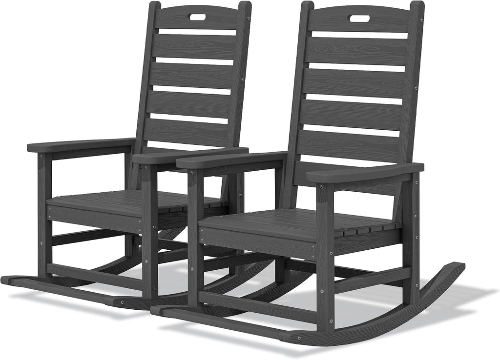 2-Pc Rocking Chair Set with Footboard, HDPE, 350lbs Cap, Gray | Oversized HDPE Rocking Chair with Footrest for
