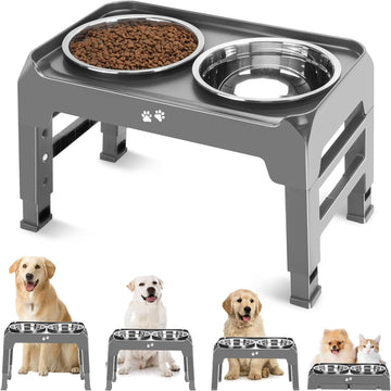 Elevated Bowls, 4 Height Adjustable Raised Stand With 2 Thick 50oz Stainless Steel Food Bowls, Non-Slip Feeder