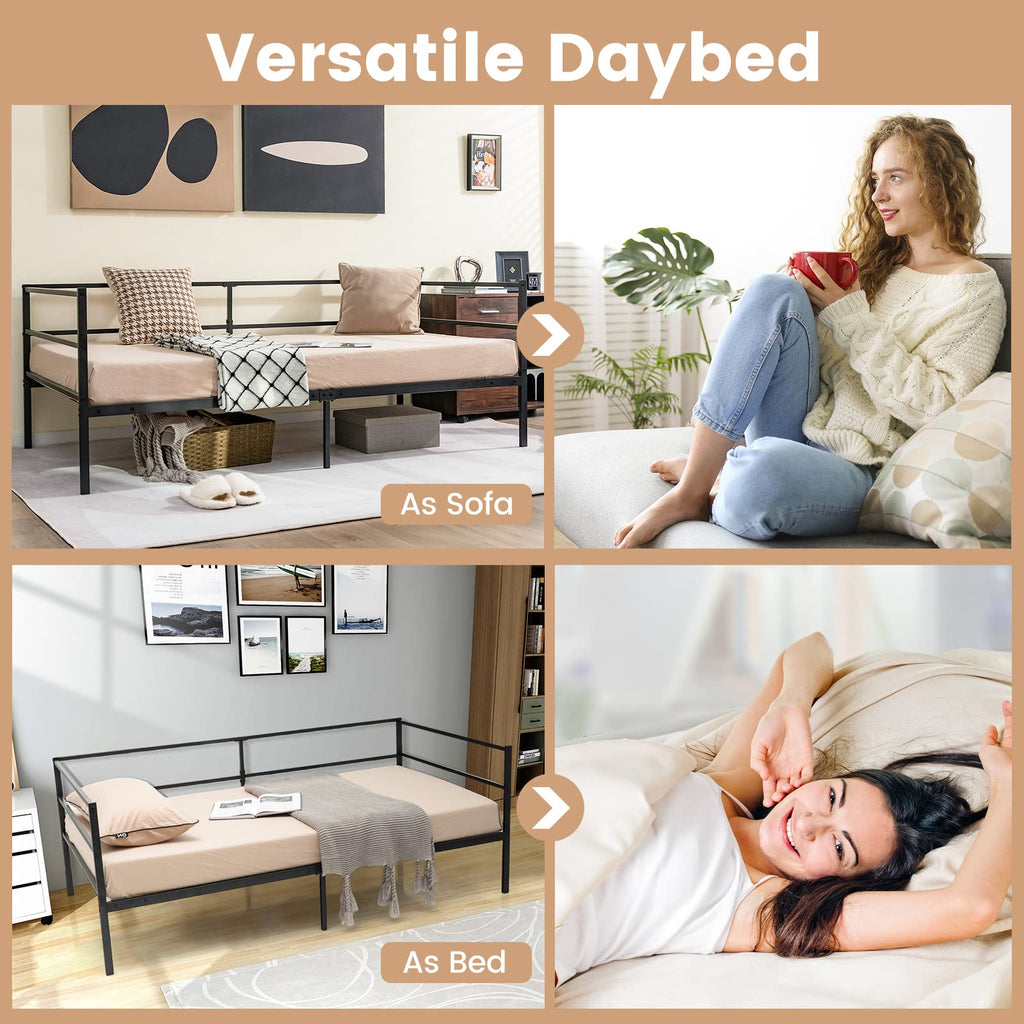 Metal Twin Daybed Frame, Day Bed with Metal Slat Support & 3-Sided Guardrails, 2-in-1 Space-Saving Sofa Bed Guest