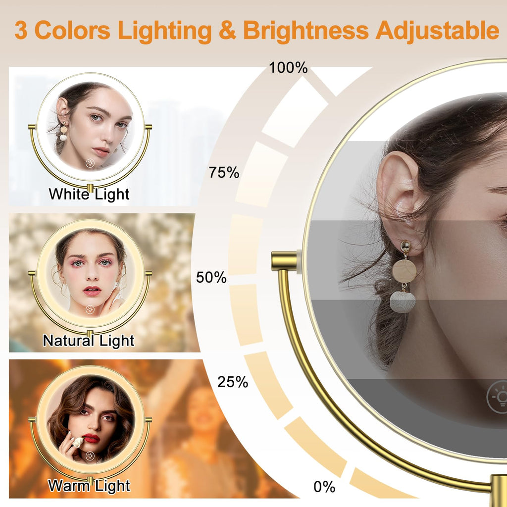 9" Wall Mounted Lighted 1X/10X Magnifying Mirror, Gold