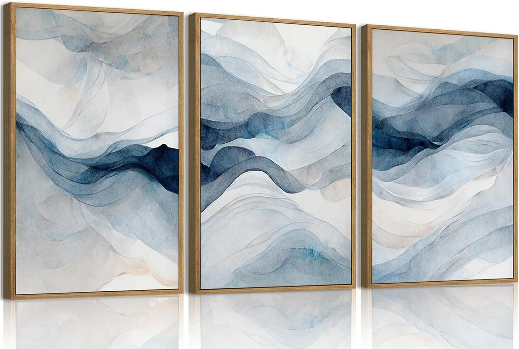 3 Piece Large Abstract Framed Wall Art , Smoke Texture Ink Navy Blue Canvas Wall Art Modern Minimalist Art Prints