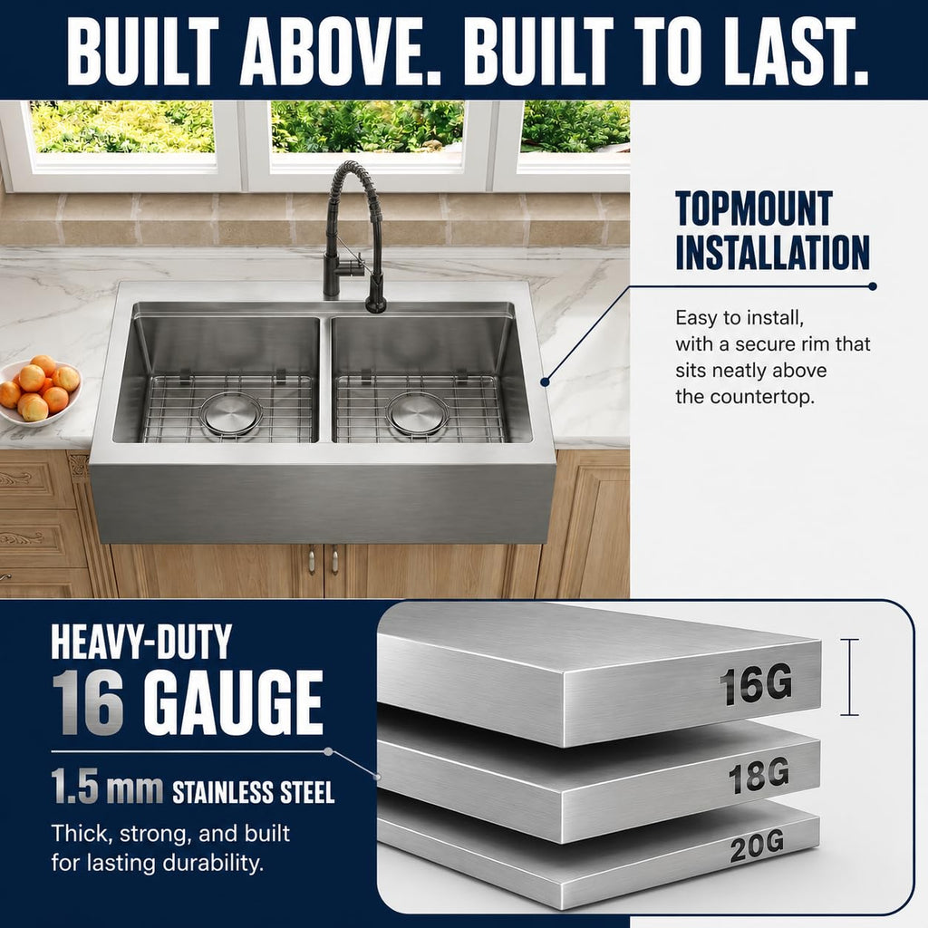 33 x 22 Drop In Farmhouse Kitchen Sink 50/50 Double Bowl