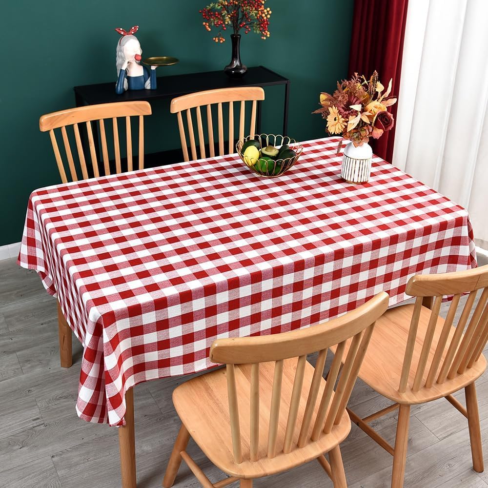 Gingham Table Cloth for Rectangle Tables red Checkered Plaid Tablecloth Heavy Duty Cotton Blend Washable & Wrinkle