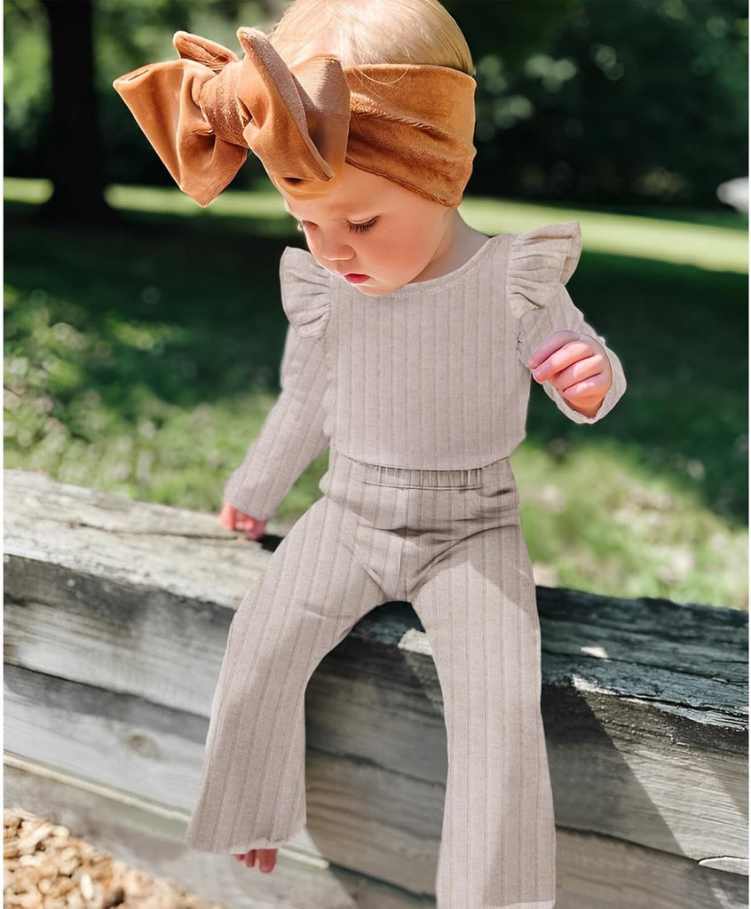 Toddler Baby Girls Clothes Set Ruffle Knit Ribbed Long Sleeve T-Shirts Tops+Pants 2Pcs Outfits Fall Winter Clothes